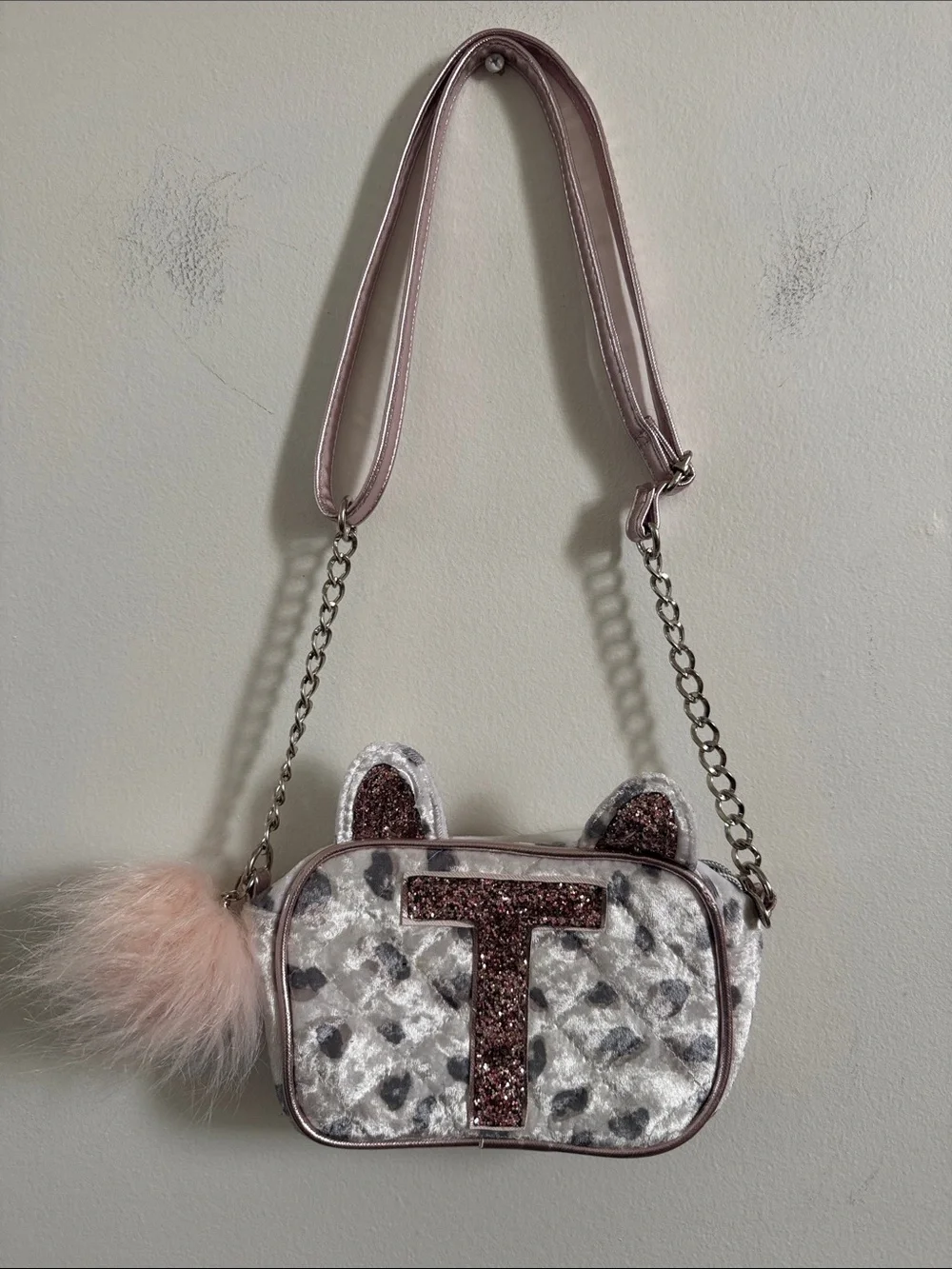 Justice Pink Faux Fur & Glitter 'T' Crossbody Bag